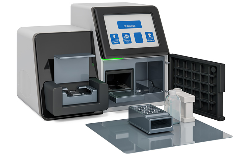 3D rendering of a DNA sequncer; black plastic and metal appliance with screen, with a tube rack and a bottle on the surface.